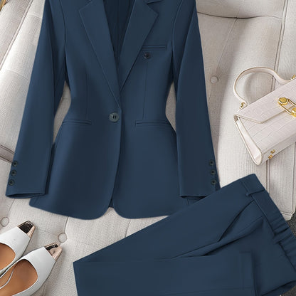 Women'S Casual Two-Piece Set, Fashionable Business Style, Solid Color, Long Sleeve, Polyester, with Lapel Collar, and Pants, for All Seasons SS69 58.69 Navy Blue / XXL