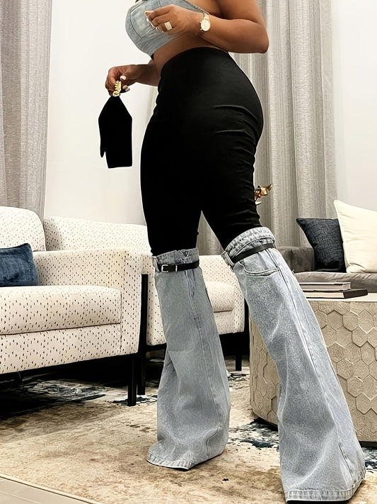 Trendy Two Tone High Elastic Waist Jeans - Women Patchwork Streetwear Style With Garter Belt Detail SS69