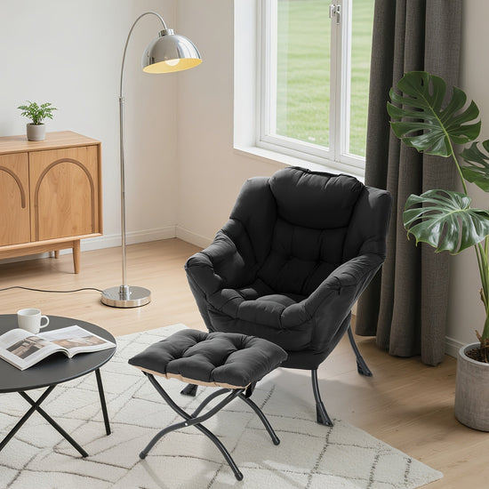 Lazy Chair with Foldable Ottoman, Modern Comfy Lounge Chair, Large Sofa Armchair with Footrest And A Side Pocket, Leisure Reading Chair with Footstool for Bedroom, Living Room, Dorm, Black, Bedroom Seating, Dorm Room Furnitur SS69