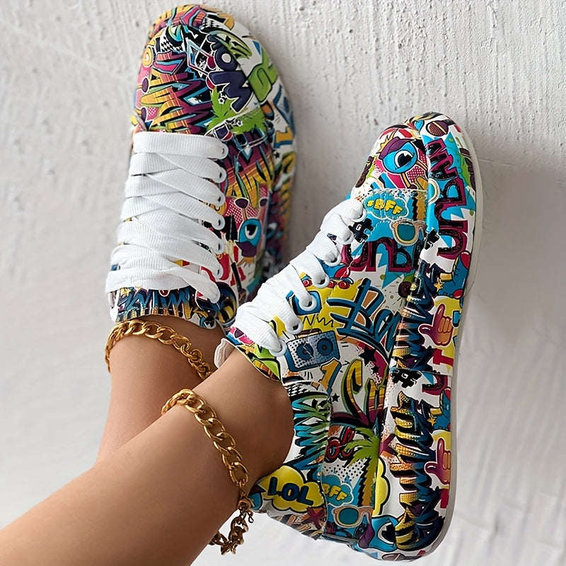 Casual Chic) Women's Vibrant Graffiti Print Lace-Up Sneakers - Low Top, Round Toe, All-Season Casual Shoes with Rubber Sole and Faux Cover Interior, Ladies Shoes SS69