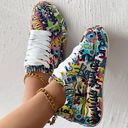 Casual Chic) Women's Vibrant Graffiti Print Lace-Up Sneakers - Low Top, Round Toe, All-Season Casual Shoes with Rubber Sole and Faux Cover Interior, Ladies Shoes SS69