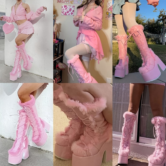 Womens Winter Punk Goth Boots - Faux Fur Lined, Side Zipper, Lace Up, Chunky Heel, Platform, Warm, Knee High, Mid Calf, Block Heel, Snow Walking Boots For Women - SS69