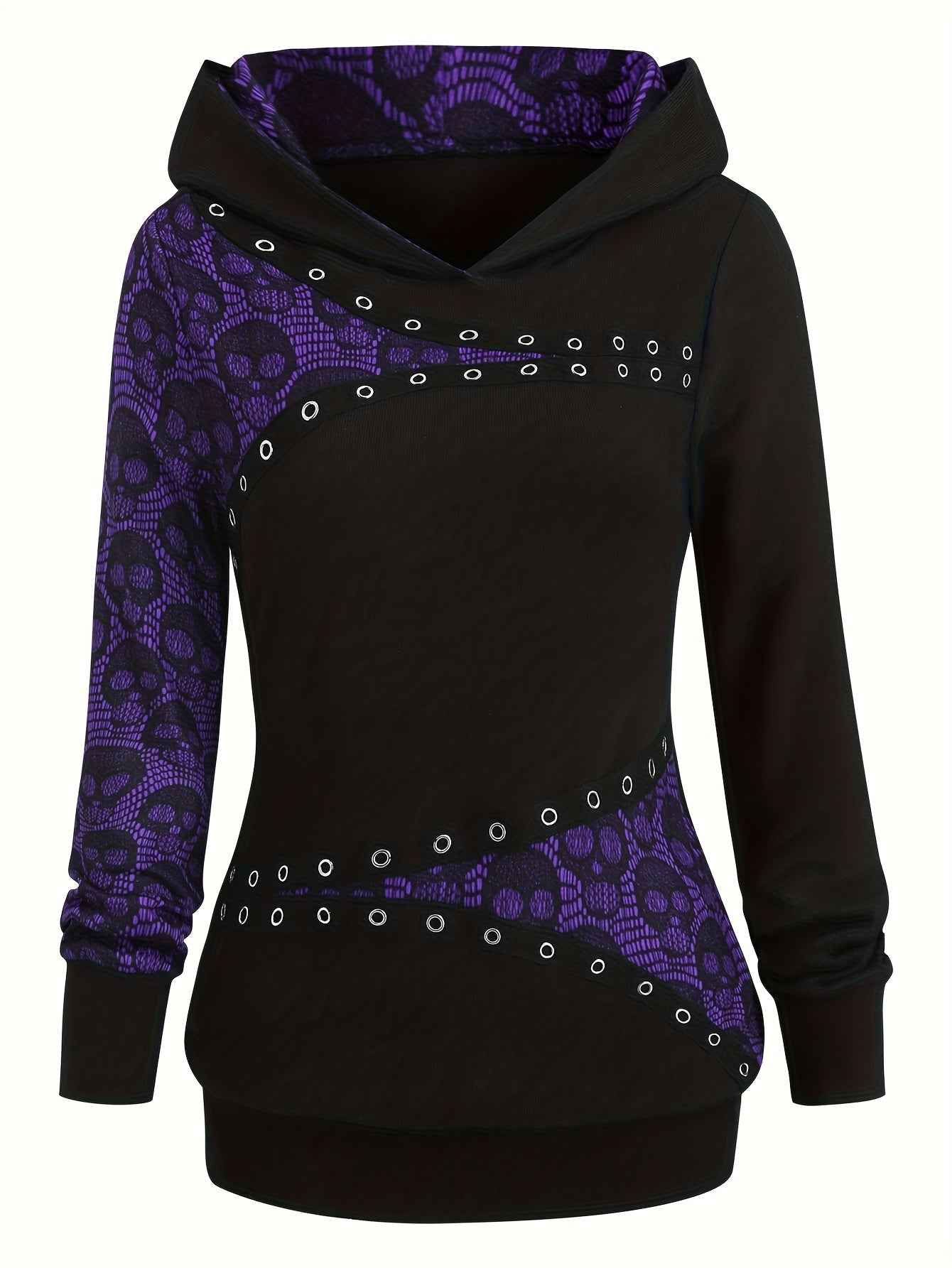 Women's Gothic Retro Skull & Lace-like Hooded Sweater - Black & White Color-Block Long Sleeve with Metal Grommet Eyelets, Slim-Fit Winter Warm Pullover, Machine Washable for Casual & Costume Outfits