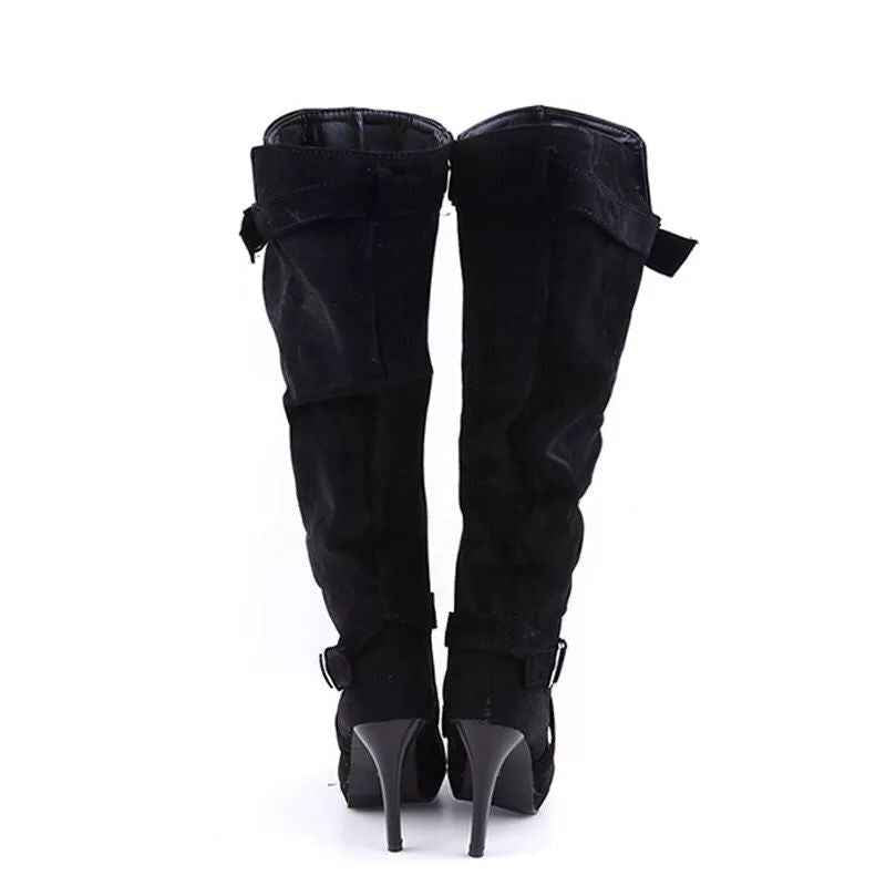 Women's Plus Size Knee-High Stiletto High-Heeled Boots, European-Inspired Round Toe with Zipper Closure, Stretch Comfort Fit and Slip-Resistant MD Sole, Elegant All-Season Booties for Casual & Formal Events, Brown, Grey, Hand