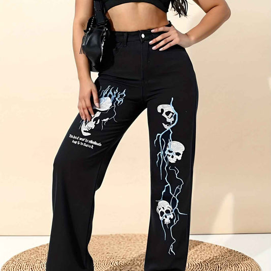 Women's High-Waisted Wide-Leg Jeans with Gothic Skull & Bone Embellishments - Black & White Stretch Pants, All-Season Casual Streetwear, /Edgy Outfits (Machine Washable) - Loose Fit Trousers with Pockets