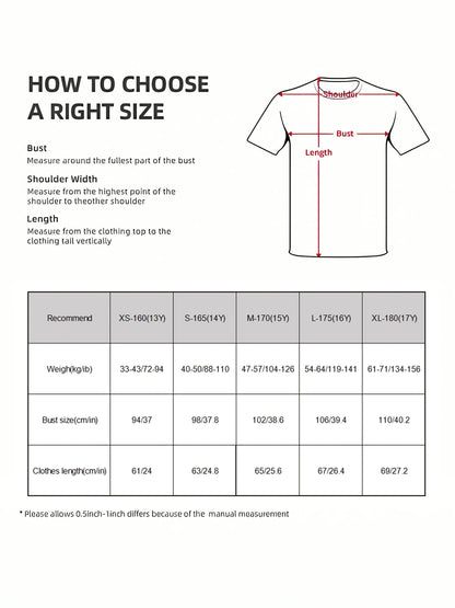 Youth Casual Crew Neck T-Shirt, Polyester 95% Elastane 5% Knit Fabric, All Over Print Short Sleeve Loose Fit Top for All Seasons - SS69