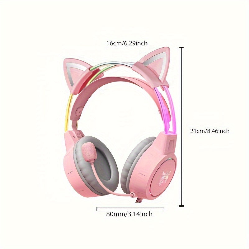ONIKUMA Pink Cat Ear Gaming Headset with RGB Illuminated Headband, Detachable Flexible Mic, and Volume Controls - USB Powered Wired Over-Ear Headphones for PC Gamers, Gaming Headphones SS69