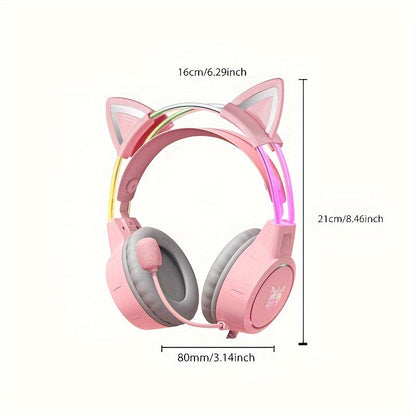 ONIKUMA Pink Cat Ear Gaming Headset with RGB Illuminated Headband, Detachable Flexible Mic, and Volume Controls - USB Powered Wired Over-Ear Headphones for PC Gamers, Gaming Headphones SS69