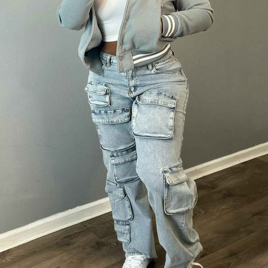 Fashionable Women'S Clothing, Stretch Denim Fabric, Three-Dimensional Multi-Pocket Workwear Style Denim Trousers