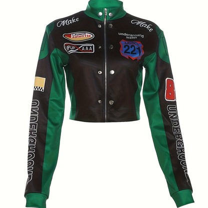 Women's Trendy Streetwear Letter Print Cropped Bomber Jacket - Red & White Casual Zip-Up with Graphic Design, Lightweight Polyester Blend for All Seasons, Fashion Forward Clothing | Trendy Casual Jacket | Polyester Blend Jack SS69 22.69 M / Green