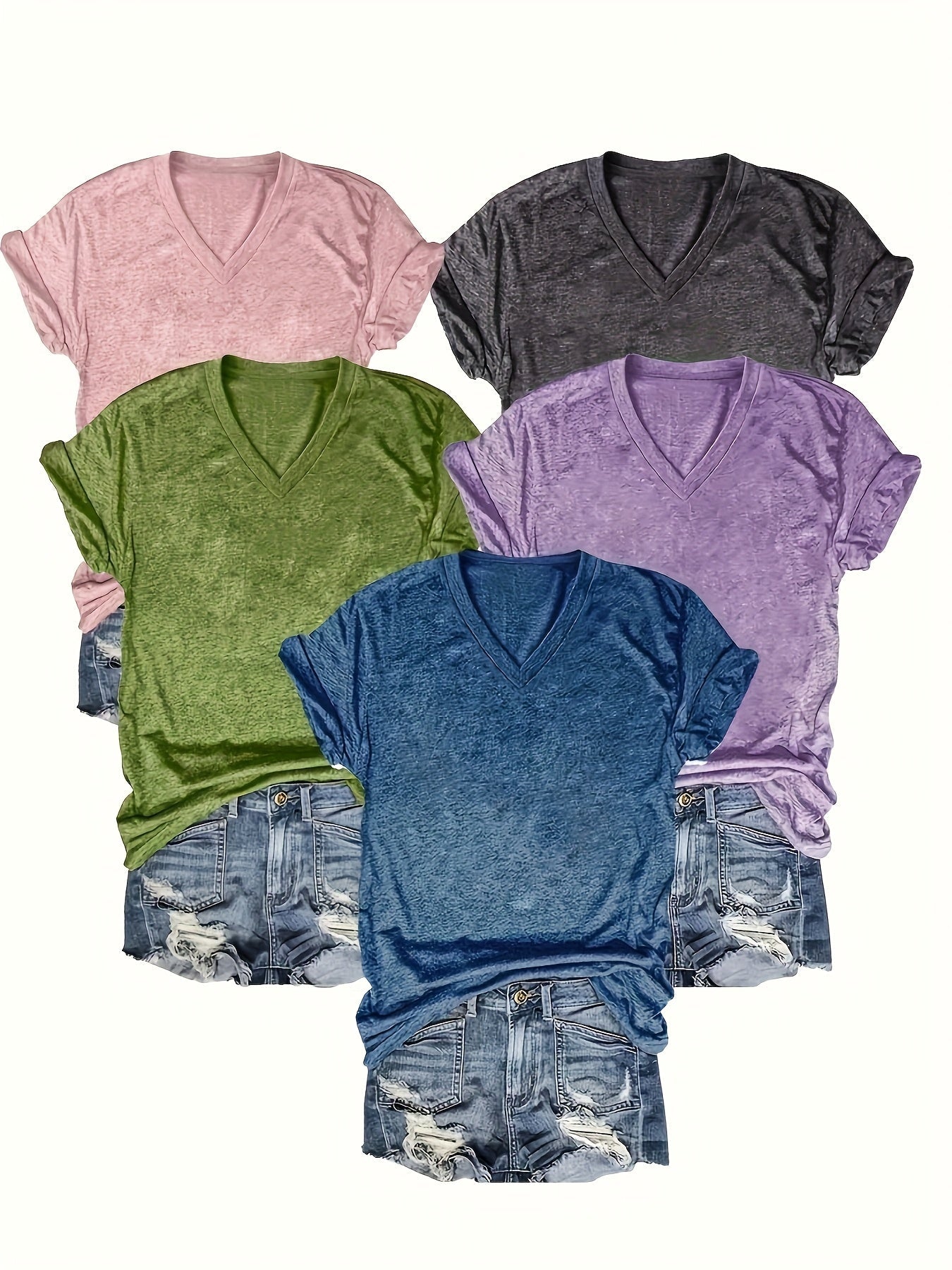 5pcs Women'S Solid Color V-Neck T-Shirts, Casual Short Sleeve Tops for Spring & Summer, Soft & Comfortable, Lightweight Tee Shirts in Pink, Green, Gray, Purple, Blue, Yellow, Casual Summer Wear | Vneck Top | Lightweight Tee SS69