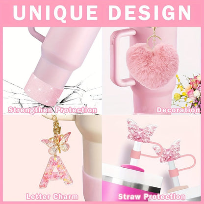 8pcs Cup Accessories for Cup 30oz 40oz Includes Butterfly Straw Cover Cap Silicone Boot Alphabet Handle Charm Initials Sticker 2pcs Spill Proof Stopper Heart Hook Love Plush Ball, Best for Christmas, Perfect for Thanksgiving SS69