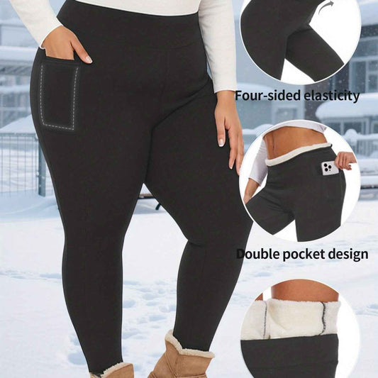 Plus Size, Women's Thermal Full-Length Leggings with Pockets - High-Elasticity Snug-Fit Pants for Winter Warmth, Solid Color Casual Wear Suitable for Home,, & Outdoor