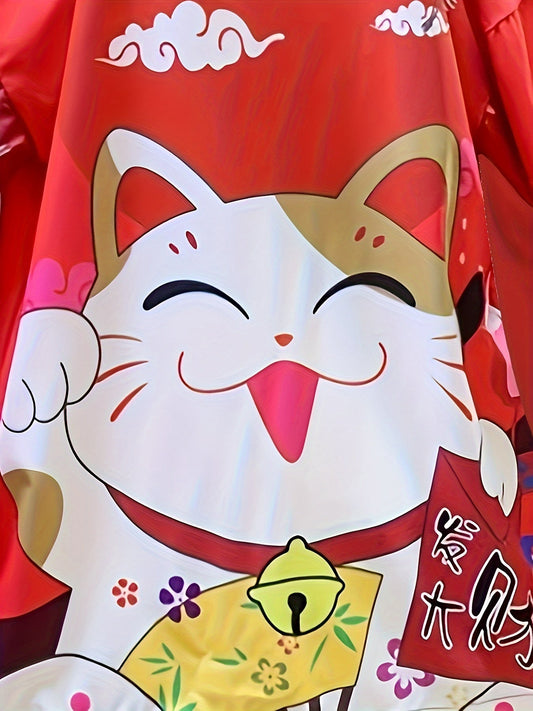 [Costume Delight] Anime Cosplay Kimono Cardigan - Lucky Cat & Festive Motifs, Lightweight Polyester, 3/4 Sleeve, Open Front Shawl - Ideal for Spring/Summer, Sun Protection, Halloween & Christmas Costumes SS69