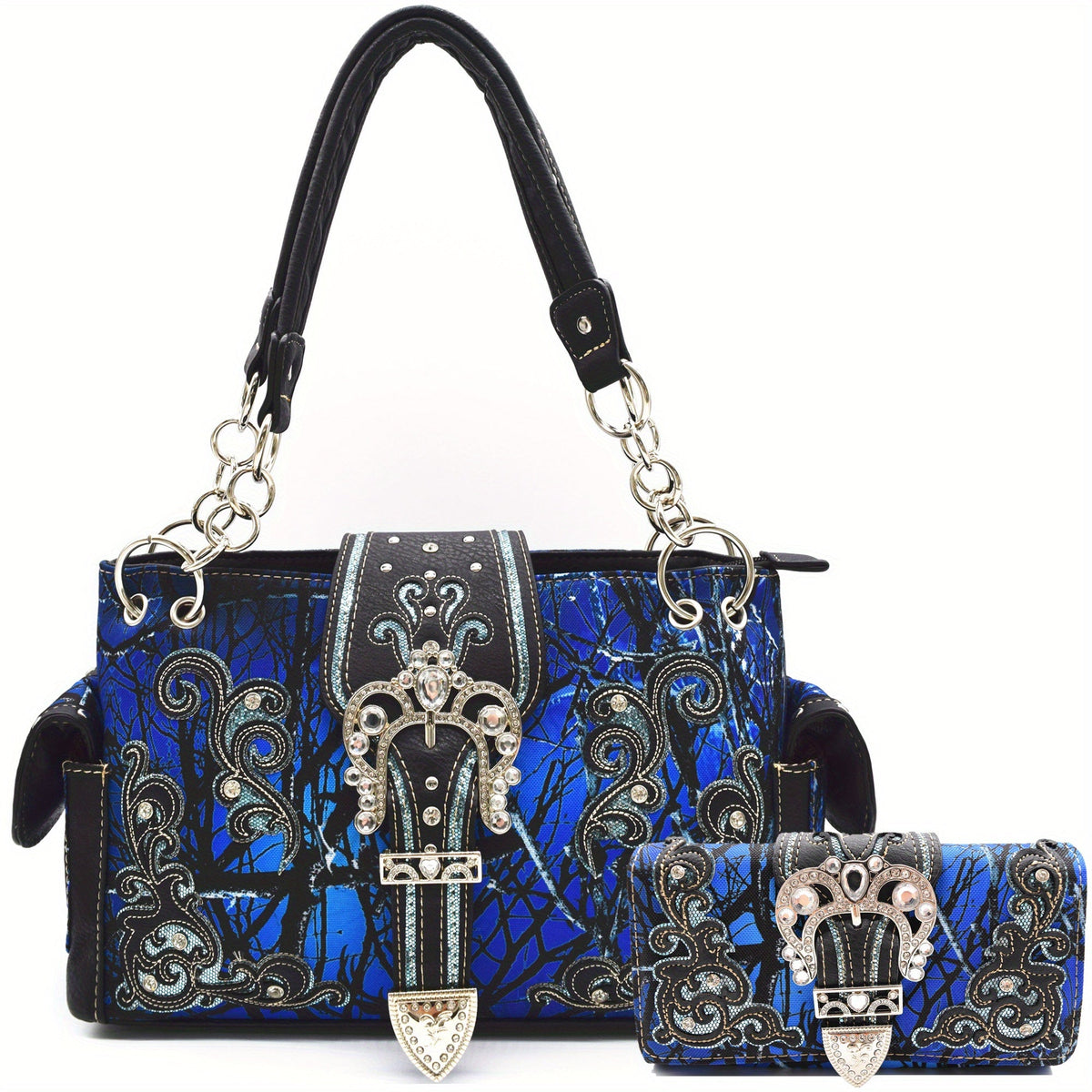 Camouflage Crown Buckle Western Style Purse Floral Shine Glow Country Handbag Women Shoulder Bag Crossbody Wallet Set SS69 67.69 Blue