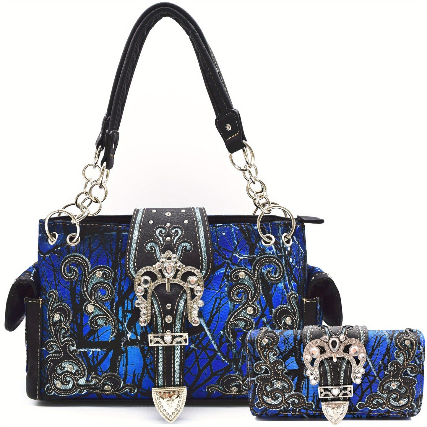 Camouflage Crown Buckle Western Style Purse Floral Shine Glow Country Handbag Women Shoulder Bag Crossbody Wallet Set SS69 67.69 Blue