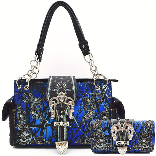Camouflage Crown Buckle Western Style Purse Floral Shine Glow Country Handbag Women Shoulder Bag Crossbody Wallet Set SS69 67.69 Blue