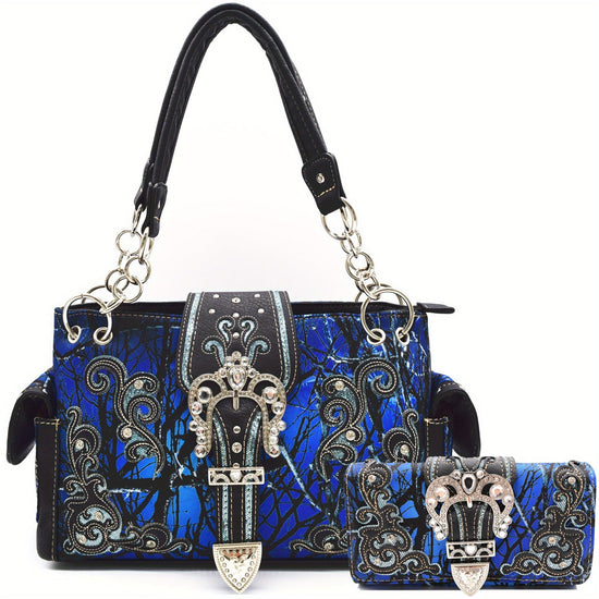 Camouflage Crown Buckle Western Style Purse Floral Shine Glow Country Handbag Women Shoulder Bag Crossbody Wallet Set SS69 67.69 Blue