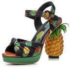 Women's Pineapple Print Platform Sandals - Thick Sole Super High Heels with Ankle Strap Closure, Open-Toe Summer Party Shoes in Pink & Green, Durable Fabric Upper & Rubber Sole for Dressy Occasions, Beachwear, Themed Events -