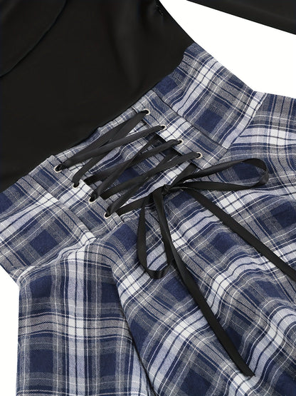 Vintage-Inspired Plaid Cocktail Dress - Fitted, Asymmetrical Neckline, Single Shoulder Strap Polyester Knit Fabric Dress for All-Season Wear SS69