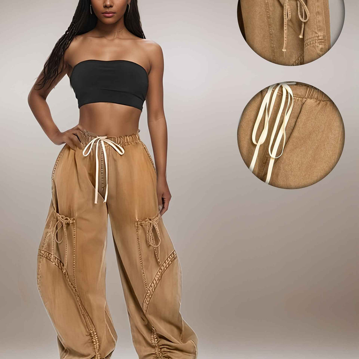 Womens Baggy Jeans Women'S Fashionable Drawstring Lace-up