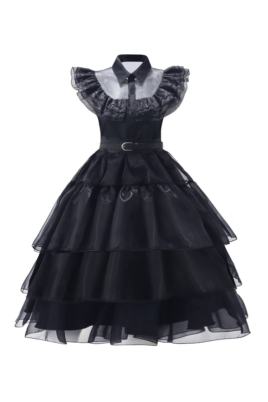 Vintage Gothic Cosplay Mesh Polo Collar Tiered Ruffle Dress - Polyester Solid Color Woven Funny Costume for Womens Party - No Elasticity, No Printing, No Sheer SS69