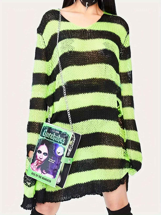 [Gothic Knitted Top] Gothic Long Loose-Fitting Knitted Top - Round Neck, Unique Torn Design with Contrasting Stripes