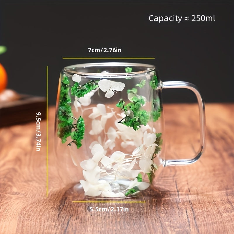 1pc Innovative Double Glass with Real Dry Flowers-High Borosilicate Glass, Suitable for Coffee and Tea-Ideal for Home, Office or Bar Use. SS69