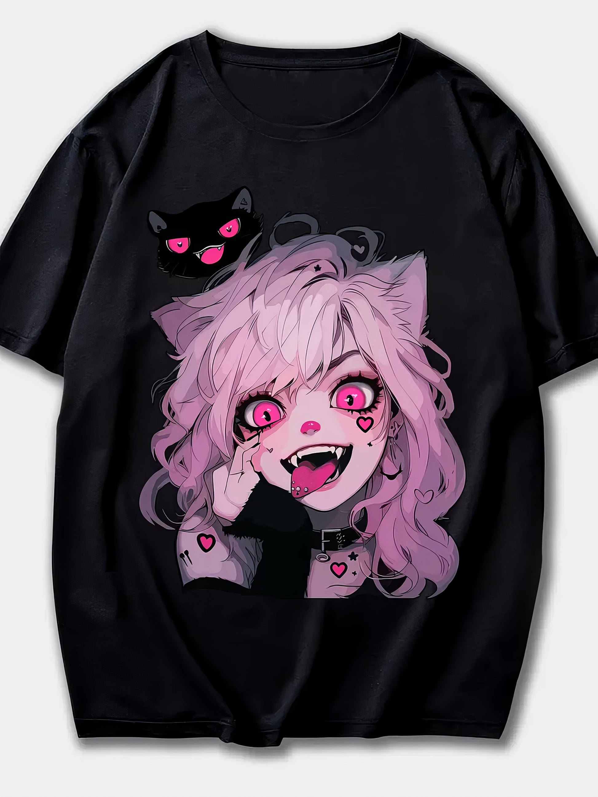 Women's Anime Cat Girl Graphic T-Shirt - Black Polyester, Short Sleeve Crew Neck, Casual Summer & Spring Top, Machine Washable SS69