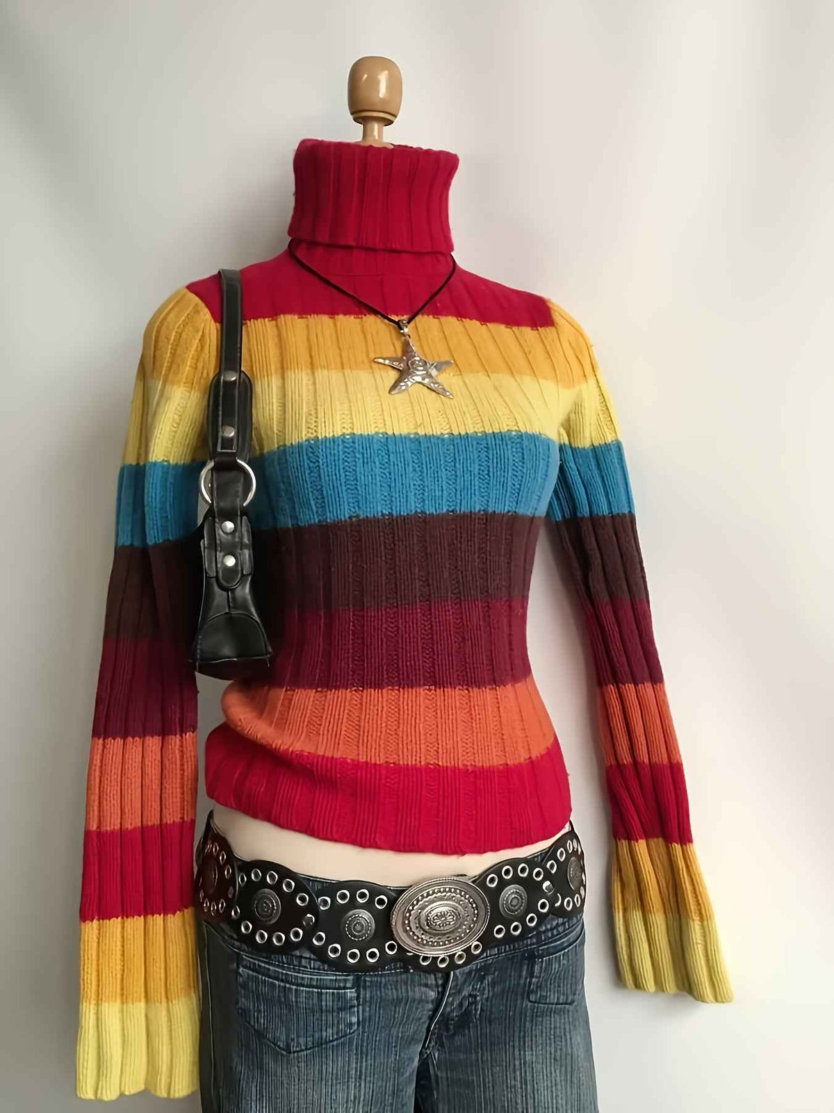 Y2K Retro Sweater, Multicolor Horizontal Striped Gothic Punk Rock Rainbow, Winter Warm Collar Long Sleeve Coat, Machine Washable Layered Outfit, Pink/Blue/Yellow/Black/Brown