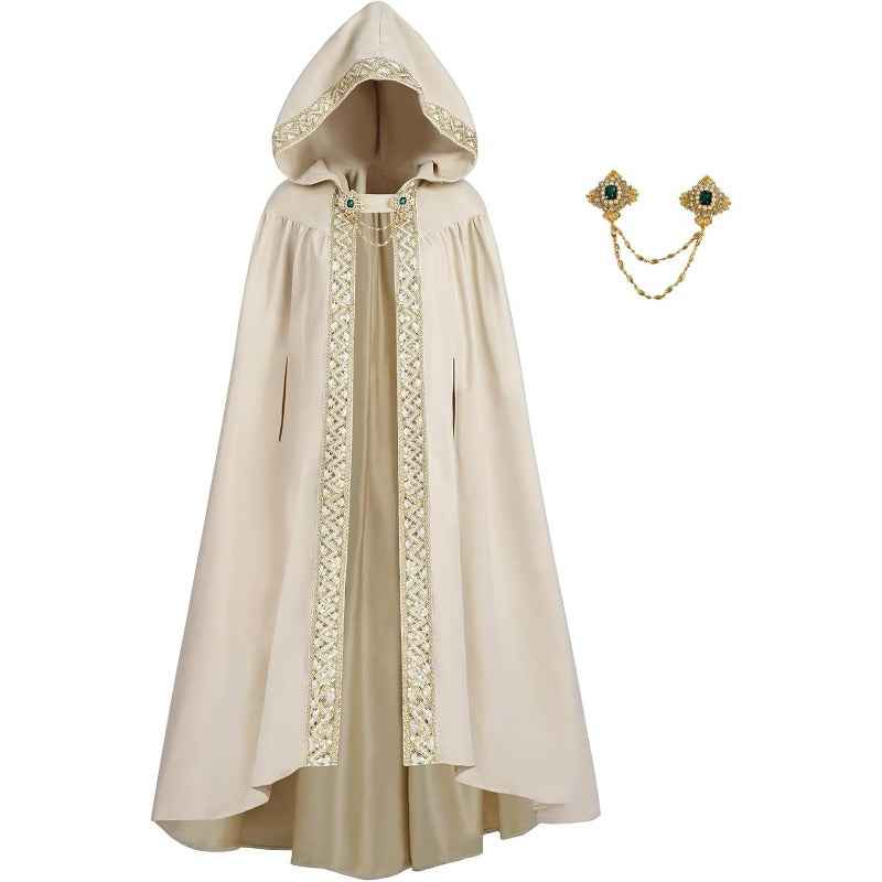 Medieval-Style Hooded Cape Costume, Celtic Knot & Satin Trim, Adjustable Tie-Front Closure, Renaissance Faire Outfit for Renaissance Festival Cosplay Themed Parties, Beige Pink Dark Green Burgundy