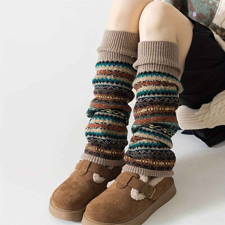 [Bohemian Leg Warmers] 1/2 Pair Women's Bohemian Leg Warmers - Cozy Geometric Pattern, Thick Warm Fleece-Lined Cuffs, Brown & Beige, Perfect for Fall & Winter, Winter Leg Warmers | Bohemian Style | Construction, Leg Warmers f