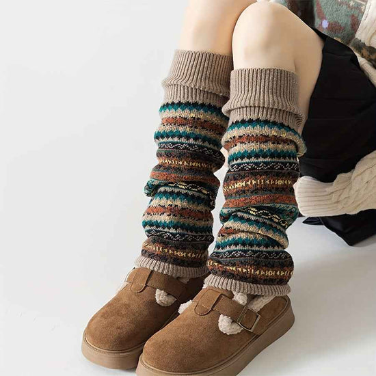 [Bohemian Leg Warmers] 1/2 Pair Women's Bohemian Leg Warmers - Cozy Geometric Pattern, Thick Warm Fleece-Lined Cuffs, Brown & Beige, Perfect for Fall & Winter, Winter Leg Warmers | Bohemian Style | Construction, Leg Warmers f
