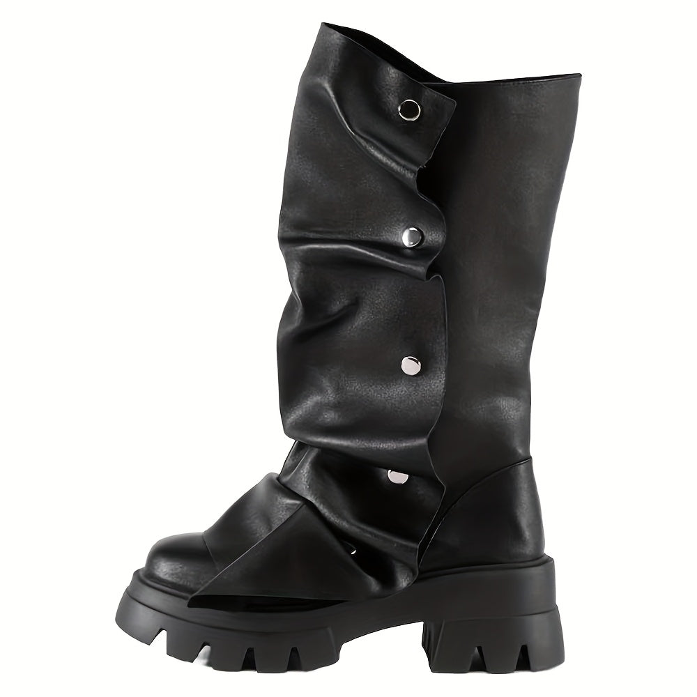 Women'S Round Toe Ruched Studded Mid Calf Chunky Heel Boots Stylish Boots Casual Dating Shoes SS69