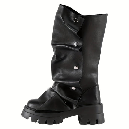 Women'S Round Toe Ruched Studded Mid Calf Chunky Heel Boots Stylish Boots Casual Dating Shoes SS69