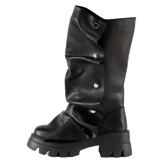 Women'S Round Toe Ruched Studded Mid Calf Chunky Heel Boots Stylish Boots Casual Dating Shoes SS69