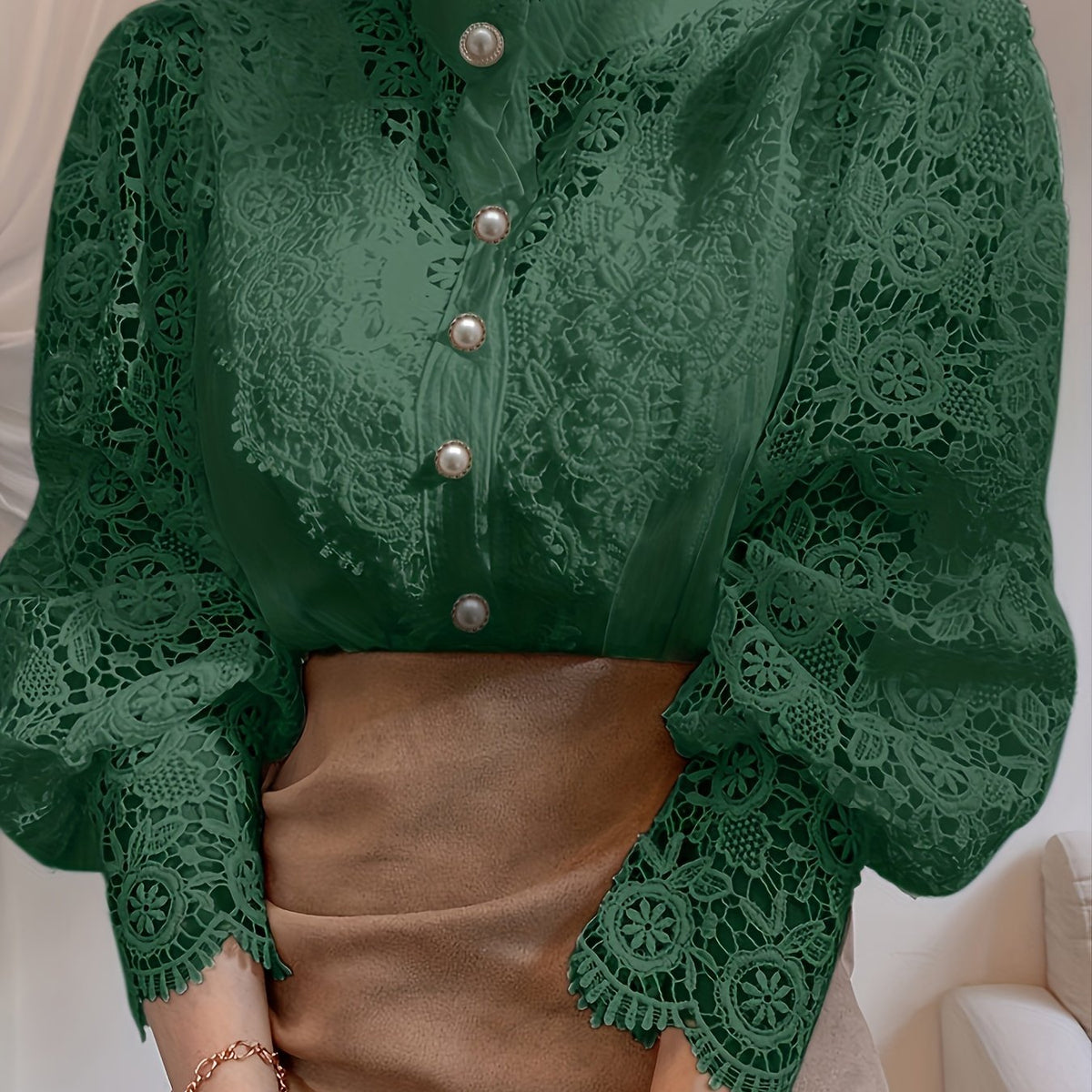 [Pearl Button Blouse] Pearl Button Elegant Victorian-Inspired Lace Blouse - Long Sleeve Mock Neck Green Polyester Pleated Design for Women, Perfect for Halloween Cosplay & Gothic Fashion SS69 23.69 Dark Green / XXL