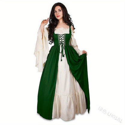 [Elegant Medieval Costume] Elegant Women's Medieval Two-Piece Costume - Renaissance Drama Outfit with Corset-like Bodice & Long Flowing Skirt | Halloween, Renaissance Faire, Themed Parties | Burgundy/White, Black/White, Green