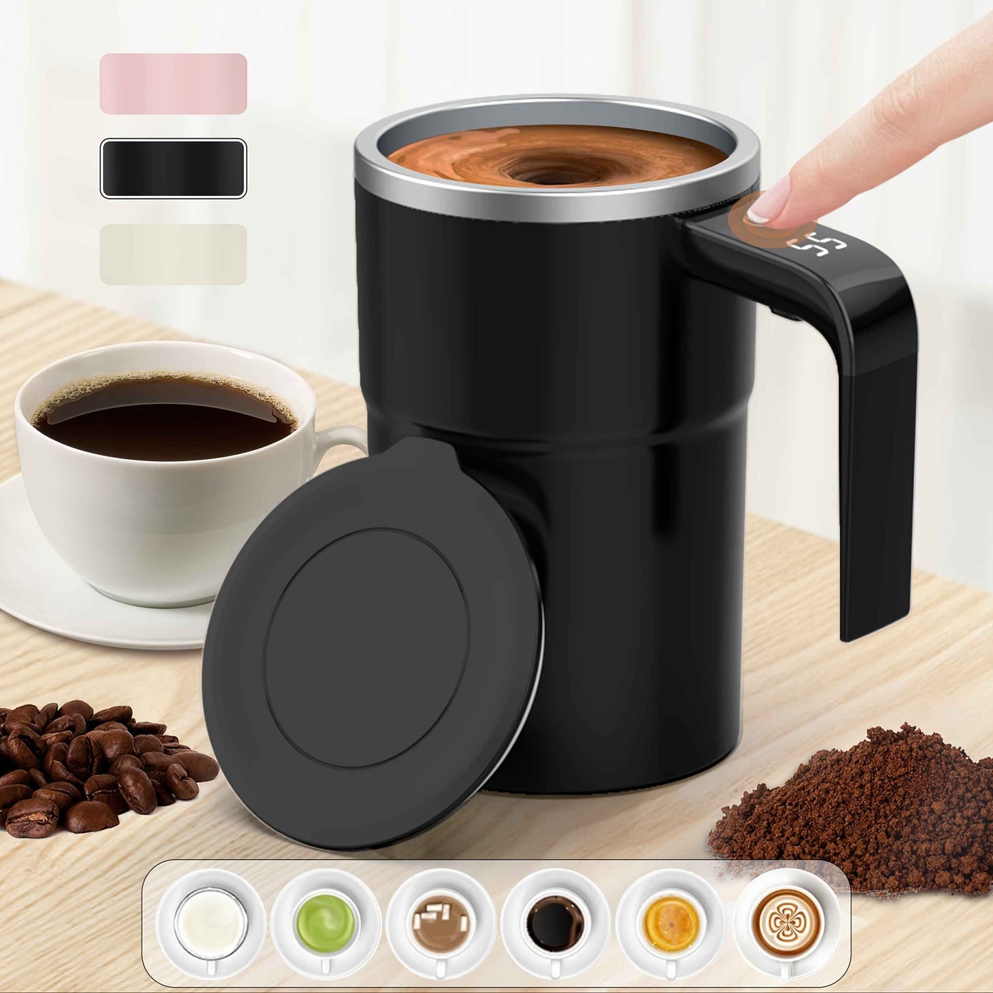 PANCERKA Self Stirring Mug, Auto Magnetic Coffee Mug with LED Display Temperature, Rechargeable Automatic Stirring Mug, 12oz Self Mixing Cup with Lid to Stir Coffee Mixed Milk at Desk Use