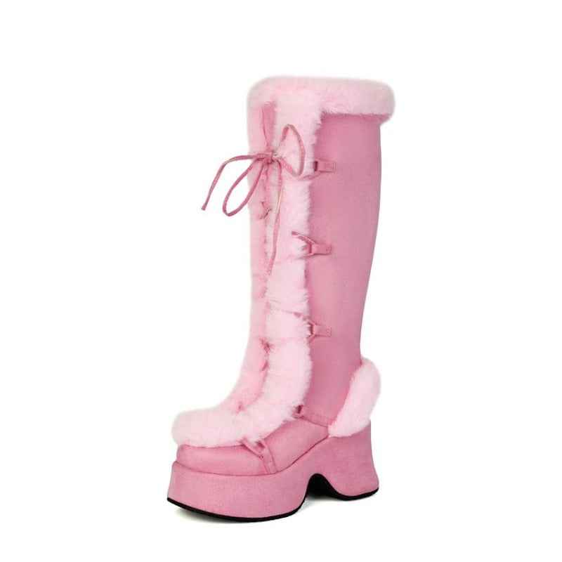 Women's Y2K Goth Boots/Faux Fur Knee-High Platform Winter/Chunky Heel & Lace-Up Closure/Warm Pink Furry Collar/Square Toe/Thick Rubber Sole & PU Cover/Cozy Snow Boots for Christmas, Parties & Casual Attire/Cold Weather Footwe