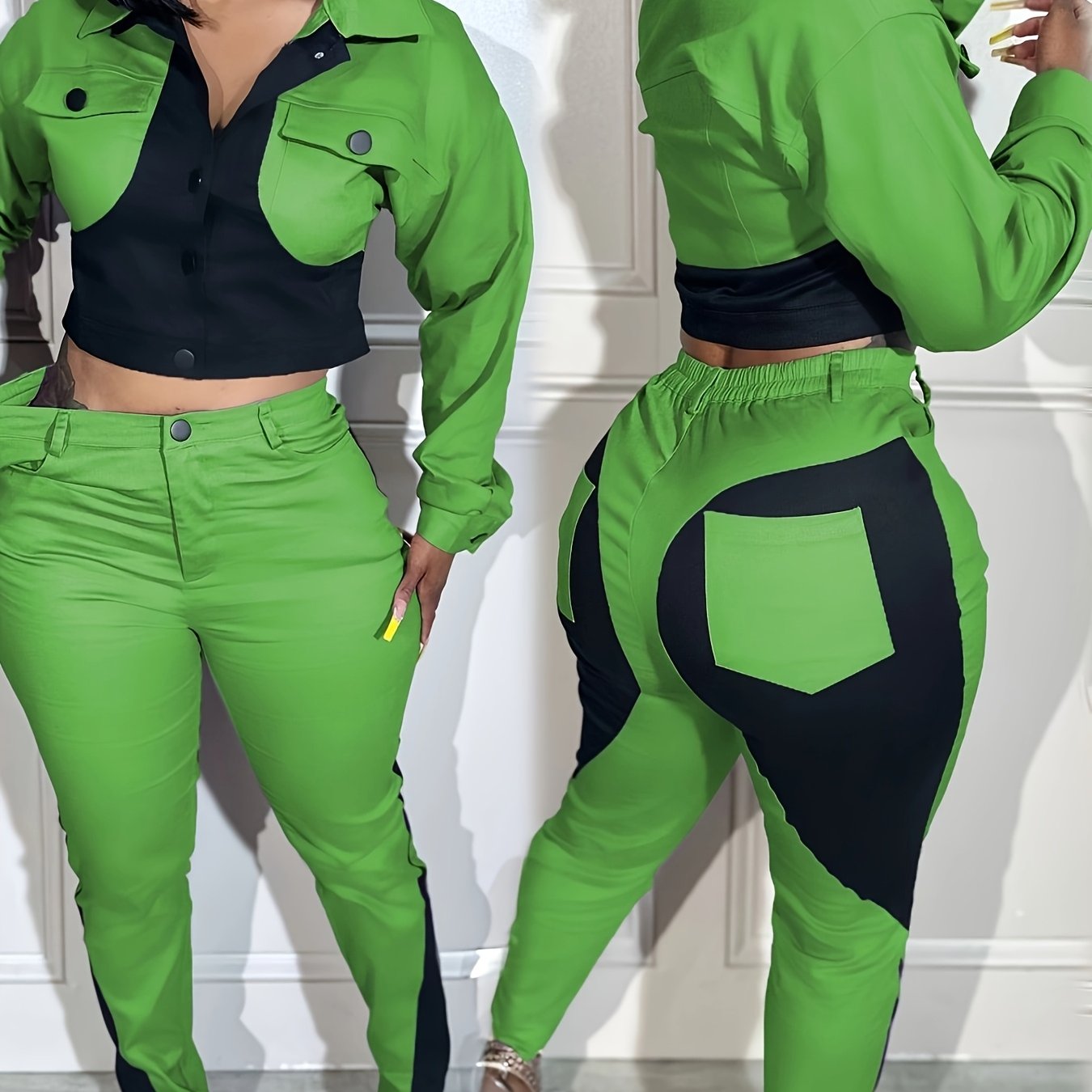 2pcs Women'S Casual Two-piece Set, Sports Patchwork Color Blocking, Long Sleeve Lapel Button Up Top Pencil Pants, Suitable For Daily Club Set SS69 32.69 Green / S
