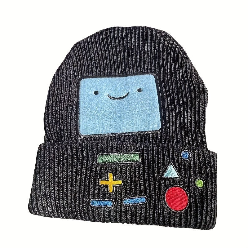 Cartoon Gaming Beanie - Polyester Stripe, Packable, Hand Washable, Soft Winter Headwear with Adventure Time Smile Design - SS69