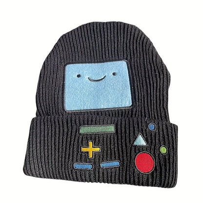 Cartoon Gaming Beanie - Polyester Stripe, Packable, Hand Washable, Soft Winter Headwear with Adventure Time Smile Design - SS69