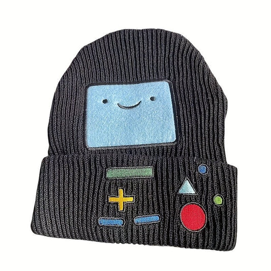 Cartoon Gaming Beanie - Polyester Stripe, Packable, Hand Washable, Soft Winter Headwear with Adventure Time Smile Design - SS69