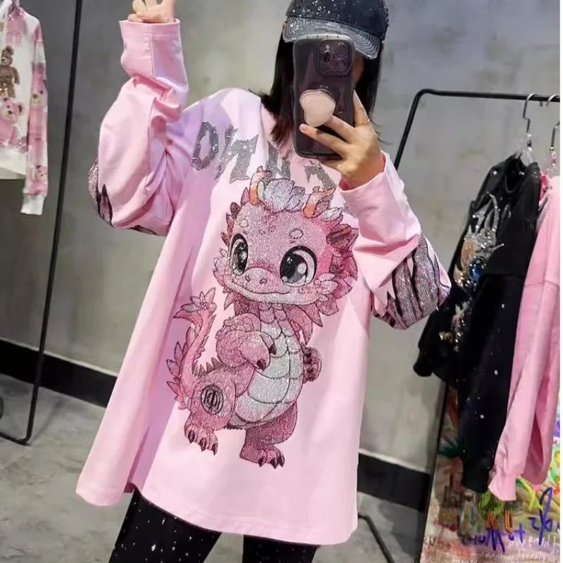 Cartoon Hot Diamonds Dinosaurs Plus Size Tops Y2K Streetwear Sweet Cute Fashion Large Size Tops Spring New High Street T-shirts - SS69