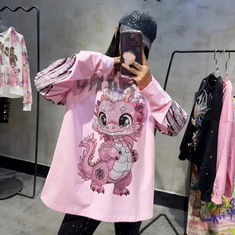 Cartoon Hot Diamonds Dinosaurs Plus Size Tops Y2K Streetwear Sweet Cute Fashion Large Size Tops Spring New High Street T-shirts - SS69