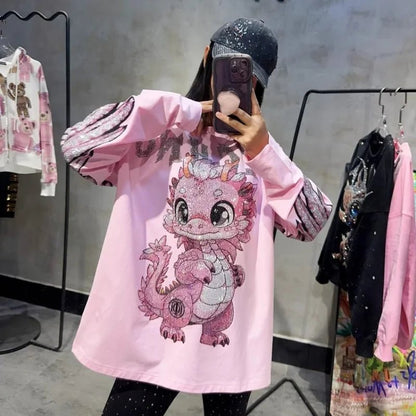 Cartoon Hot Diamonds Dinosaurs Plus Size Tops Y2K Streetwear Sweet Cute Fashion Large Size Tops Spring New High Street T-shirts - SS69