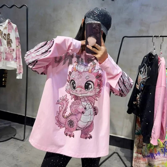 Cartoon Hot Diamonds Dinosaurs Plus Size Tops Y2K Streetwear Sweet Cute Fashion Large Size Tops Spring New High Street T-shirts - SS69