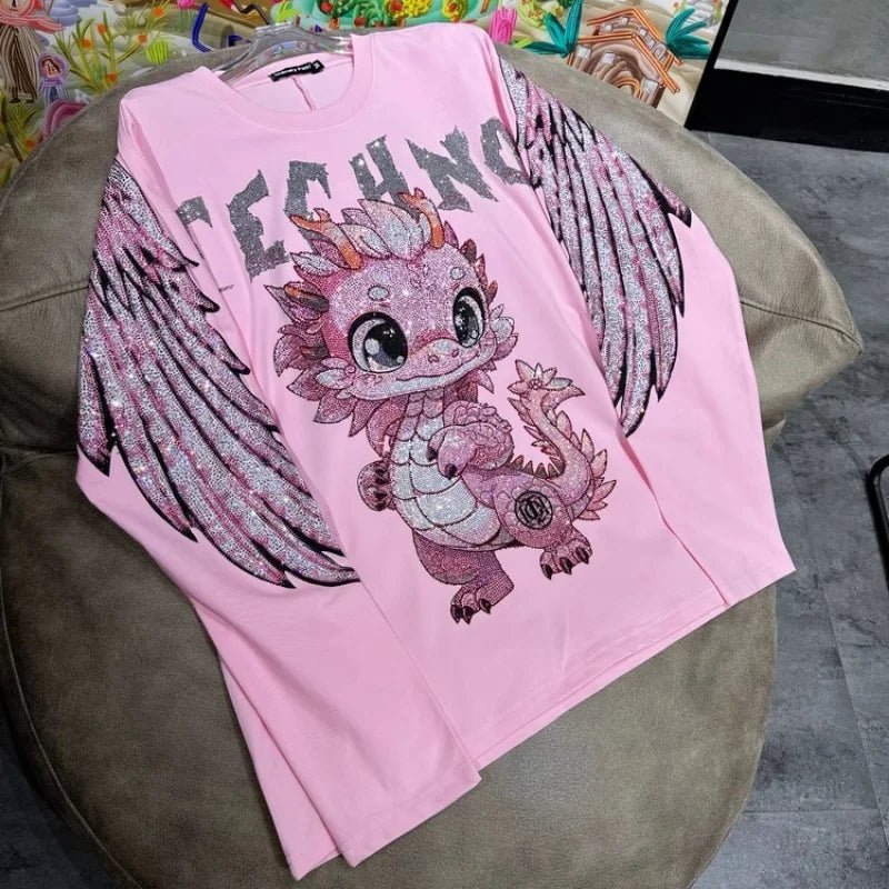 Cartoon Hot Diamonds Dinosaurs Plus Size Tops Y2K Streetwear Sweet Cute Fashion Large Size Tops Spring New High Street T-shirts - SS69