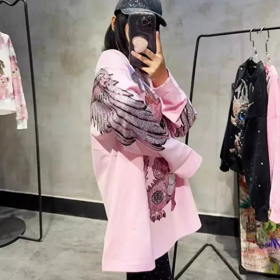 Cartoon Hot Diamonds Dinosaurs Plus Size Tops Y2K Streetwear Sweet Cute Fashion Large Size Tops Spring New High Street T-shirts - SS69